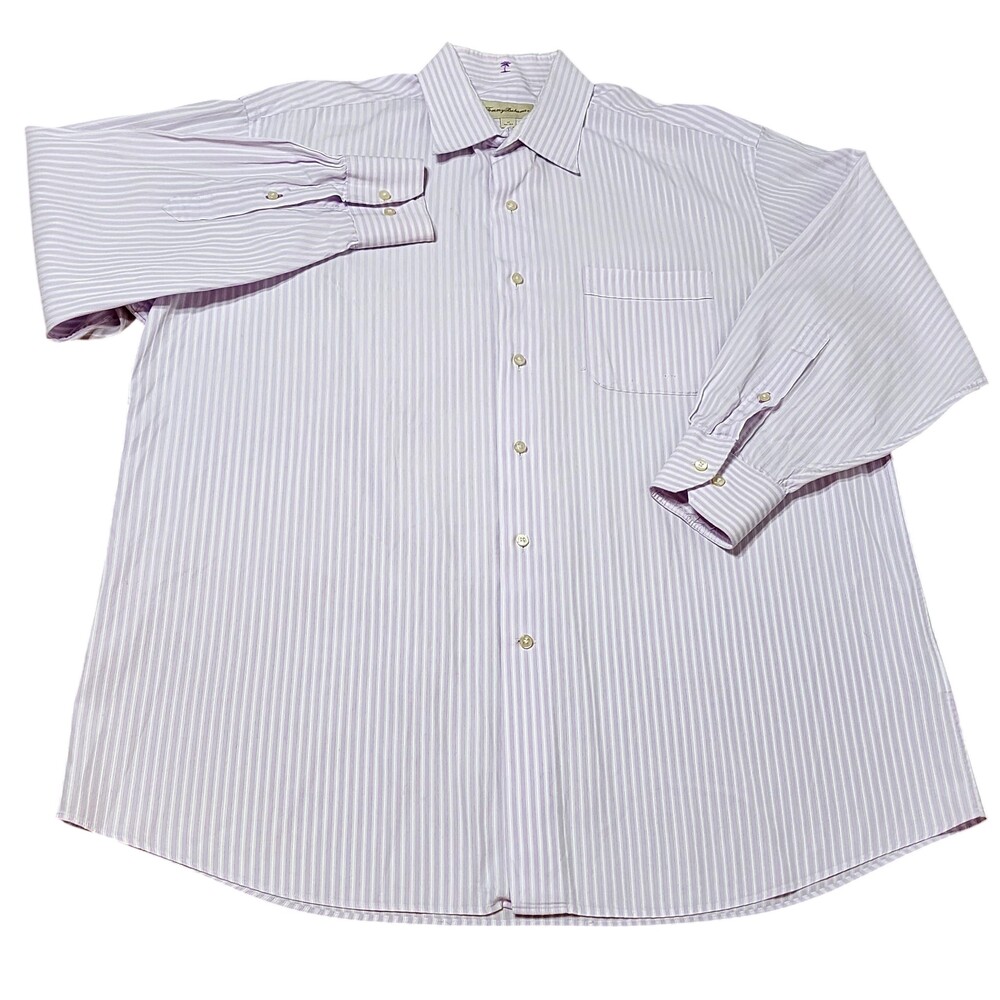 Tommy Bahama Shirt Mens 17 32/33 Purple Stripe Relaxed Fit Cotton Long Sleeve
